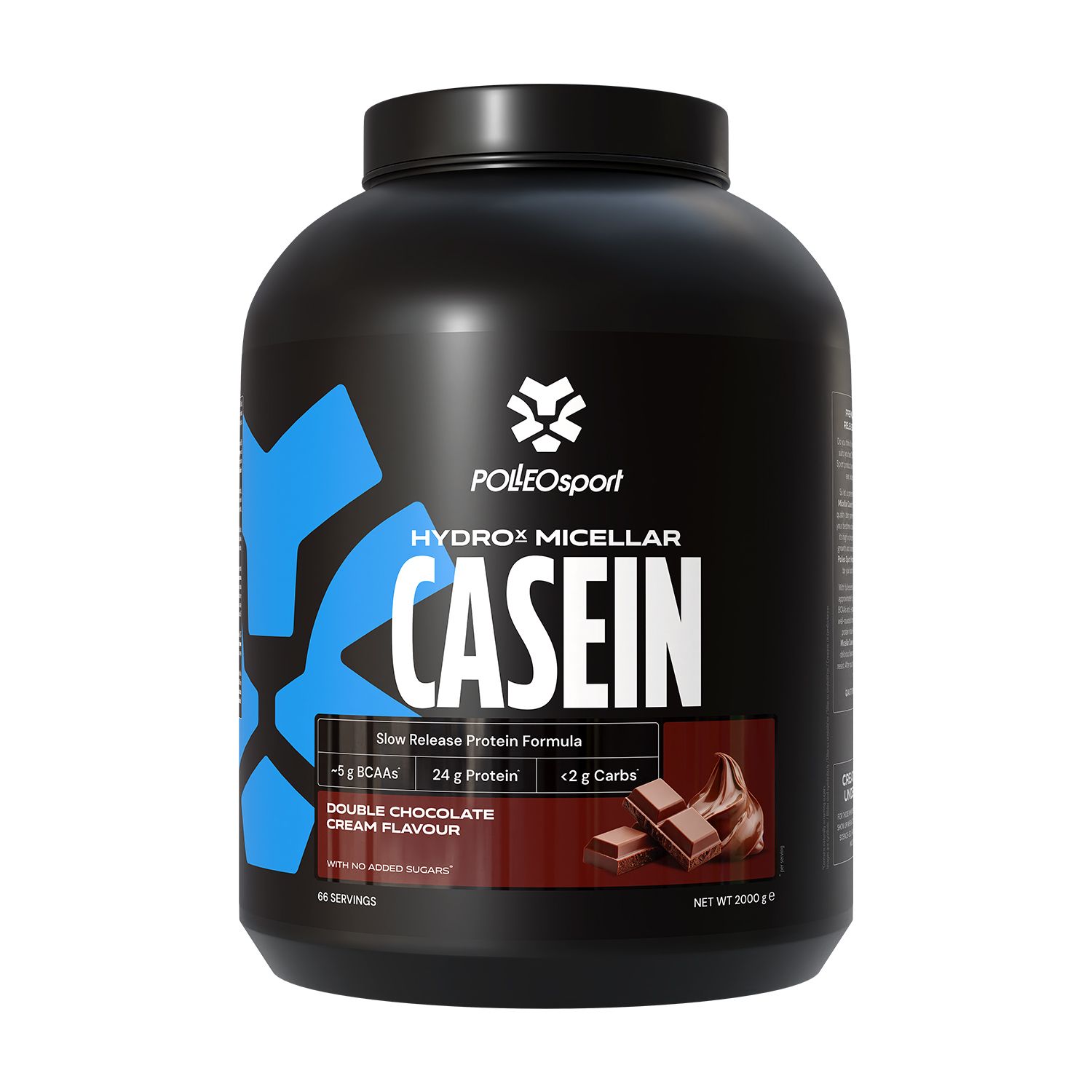 Barattolo nero "HYDROX MICELLAR CASEIN". Illustrazione di cioccolato. Testo: "Double Chocolate Cream Flavour".