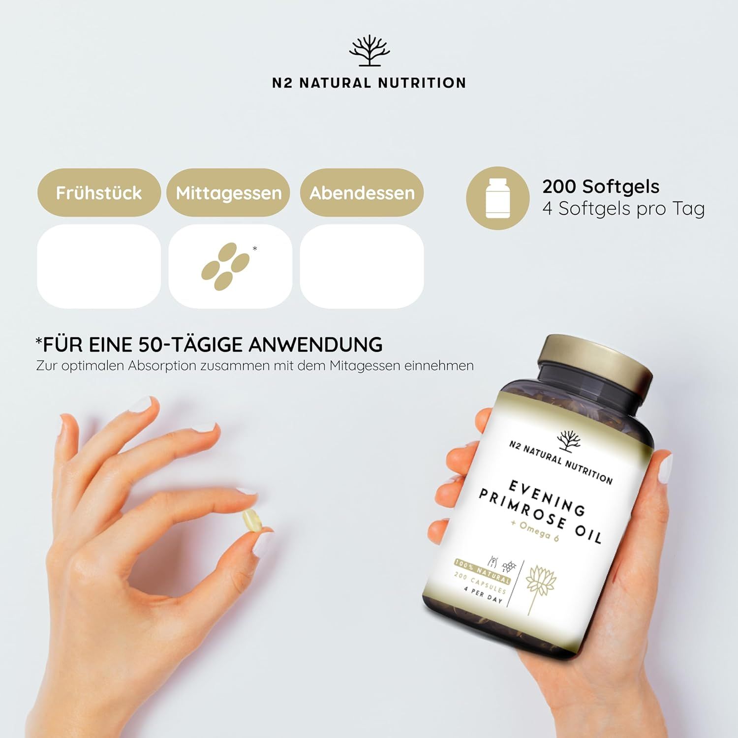 Mani che tengono una capsula e un flacone. Flacone: Evening Primrose Oil + Omega 6. 200 capsule, 4 al giorno. Per 50 giorni.