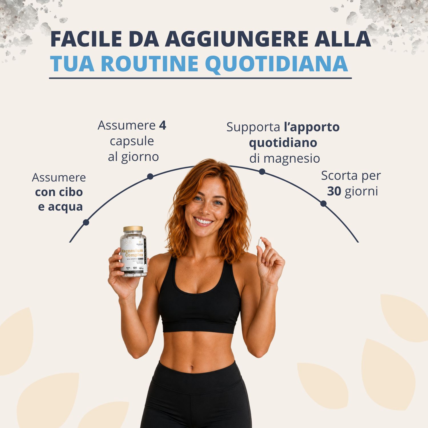 Donna che tiene una bottiglia di Golden Tree Magnesium Complex, facile da aggiungere alla routine quotidiana.
