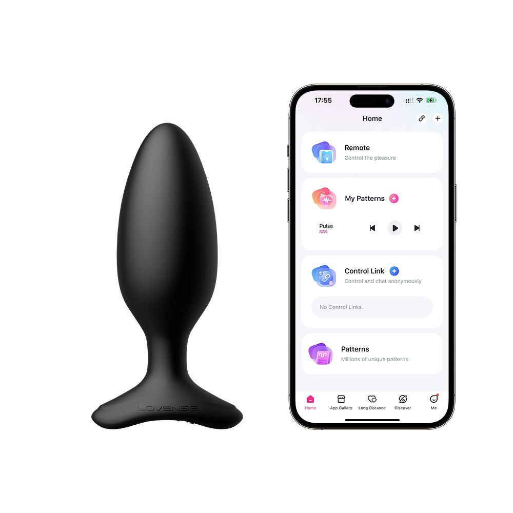 Buttplug nero accanto a smartphone. Interfaccia dell'app per smartphone. Nome prodotto: Hush 2. Marchio: Lovense.