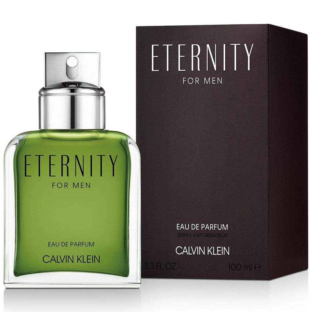 Flacone in vetro e confezione. Scritta: ETERNITY FOR MEN, Eau de Parfum, CALVIN KLEIN. 100 ml.