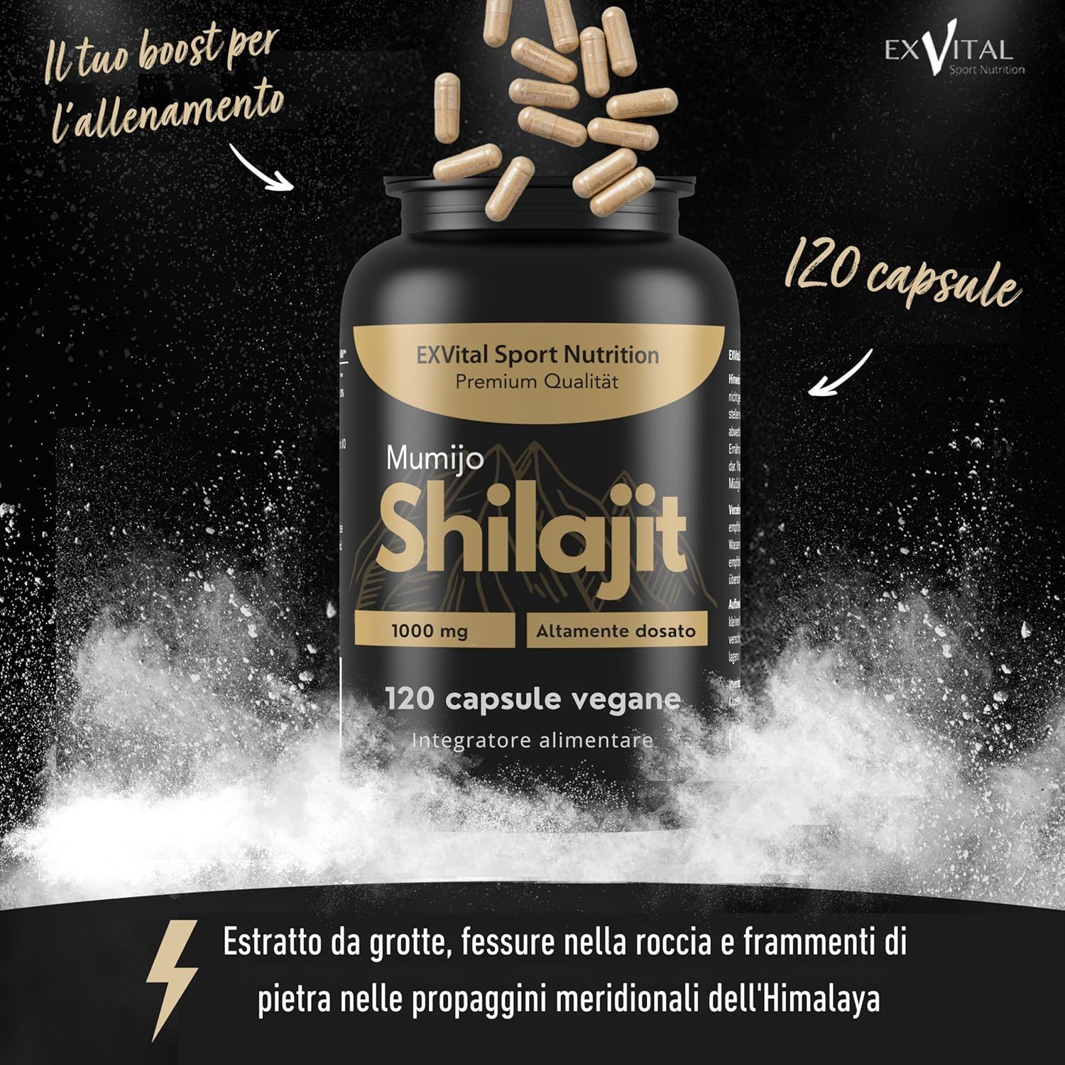 Flacone nero EXVital Shilajit. Capsule che cadono. 120 capsule. Testo in italiano.