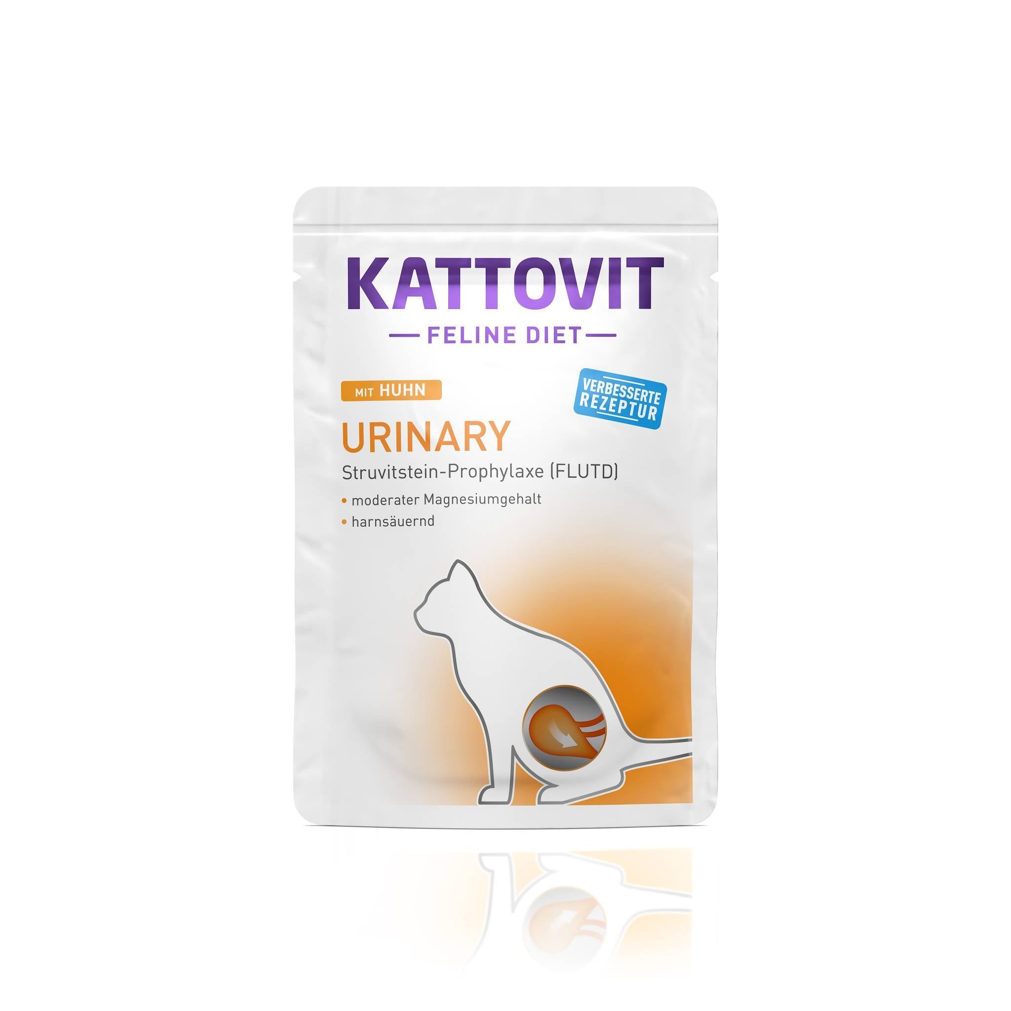 KATTOVIT Urinary Huhn. Confezione con immagine e testo. Contiene informazioni sulla profilassi dei calcoli di struvite e sul contenuto moderato di magnesio.