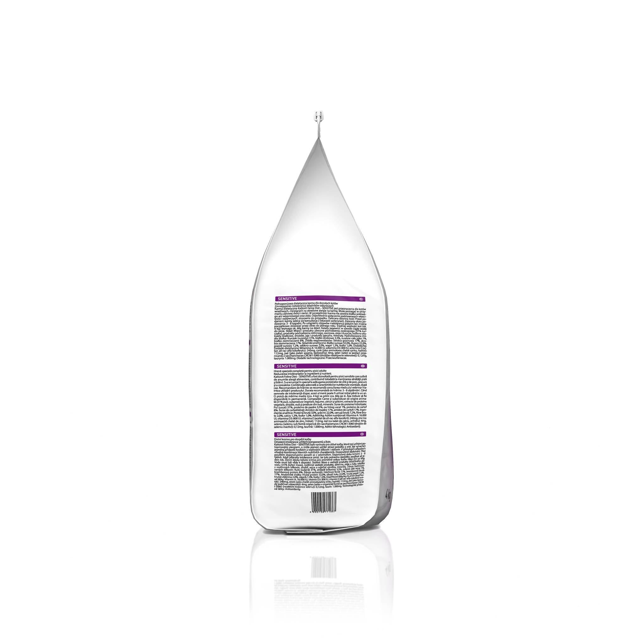 Retro della confezione KATTOVIT Sensitive Trockenfutter. Sacchetto bianco con testo e strisce viola.