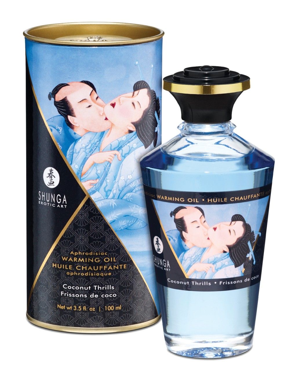 Flacone e lattina di olio riscaldante Shunga con motivo romantico.