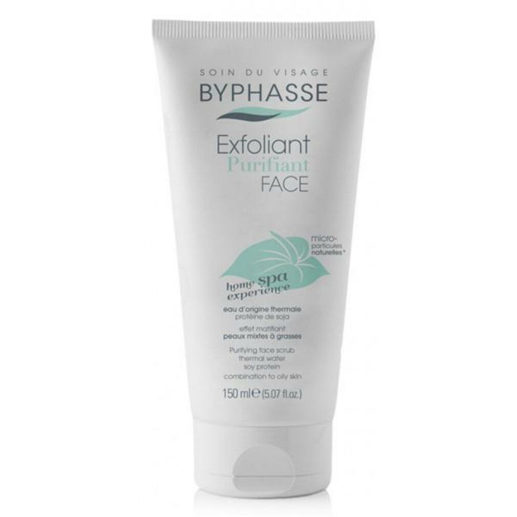 Tubo bianco con testo: BYPHASSE, EXFOLIANT PURIFIANT FACE, home spa experience. Contiene acqua termale. Per pelli grasse.