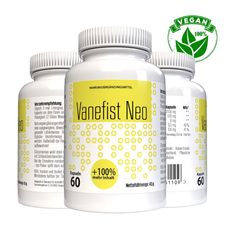 Tre flaconi bianchi con etichette gialle. Scritta: Vanefist Neo, 60 capsule, +100% di contenuto in più. Integratore alimentare. Sigillo vegano.