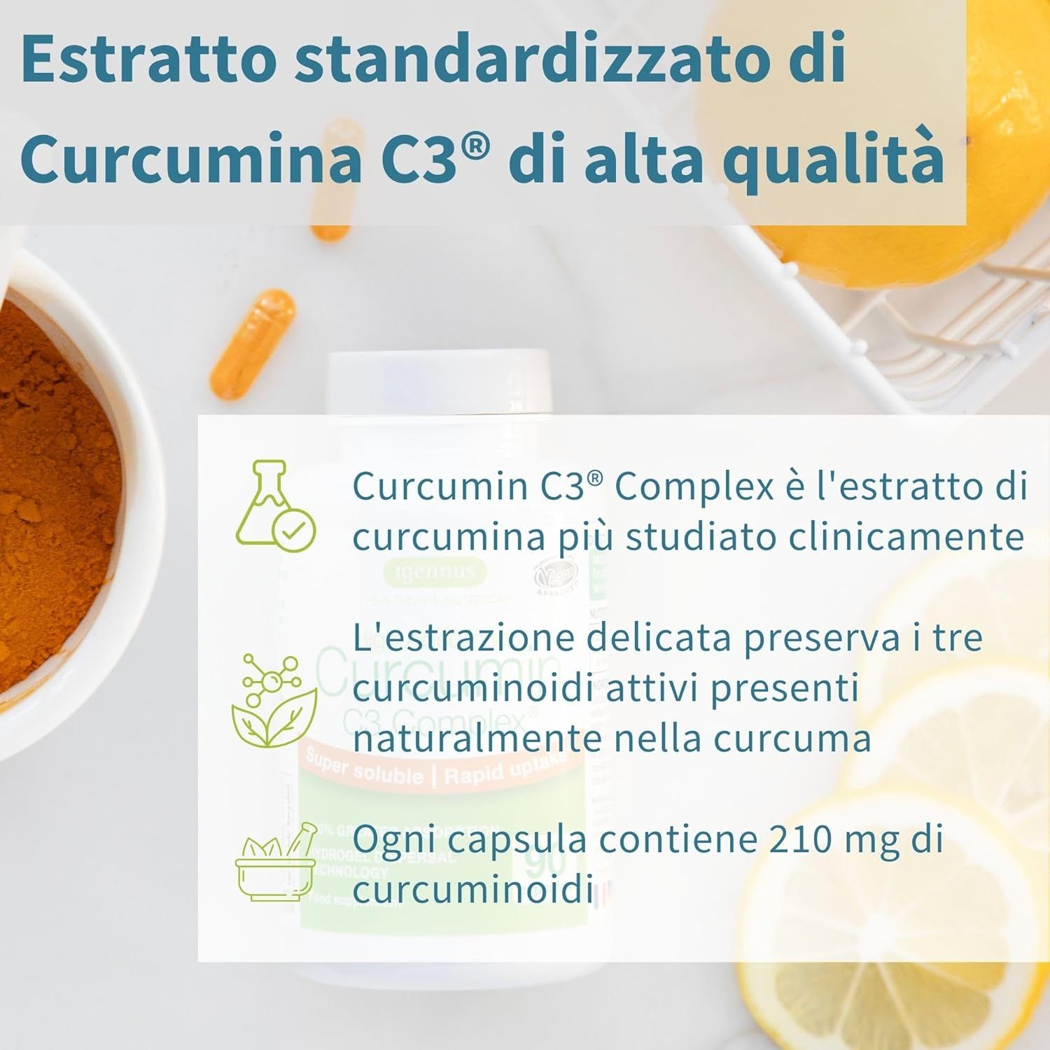 Infografica: Estratto di curcumina C3 standardizzato di alta qualità. Contiene 210 mg di curcuminoidi.