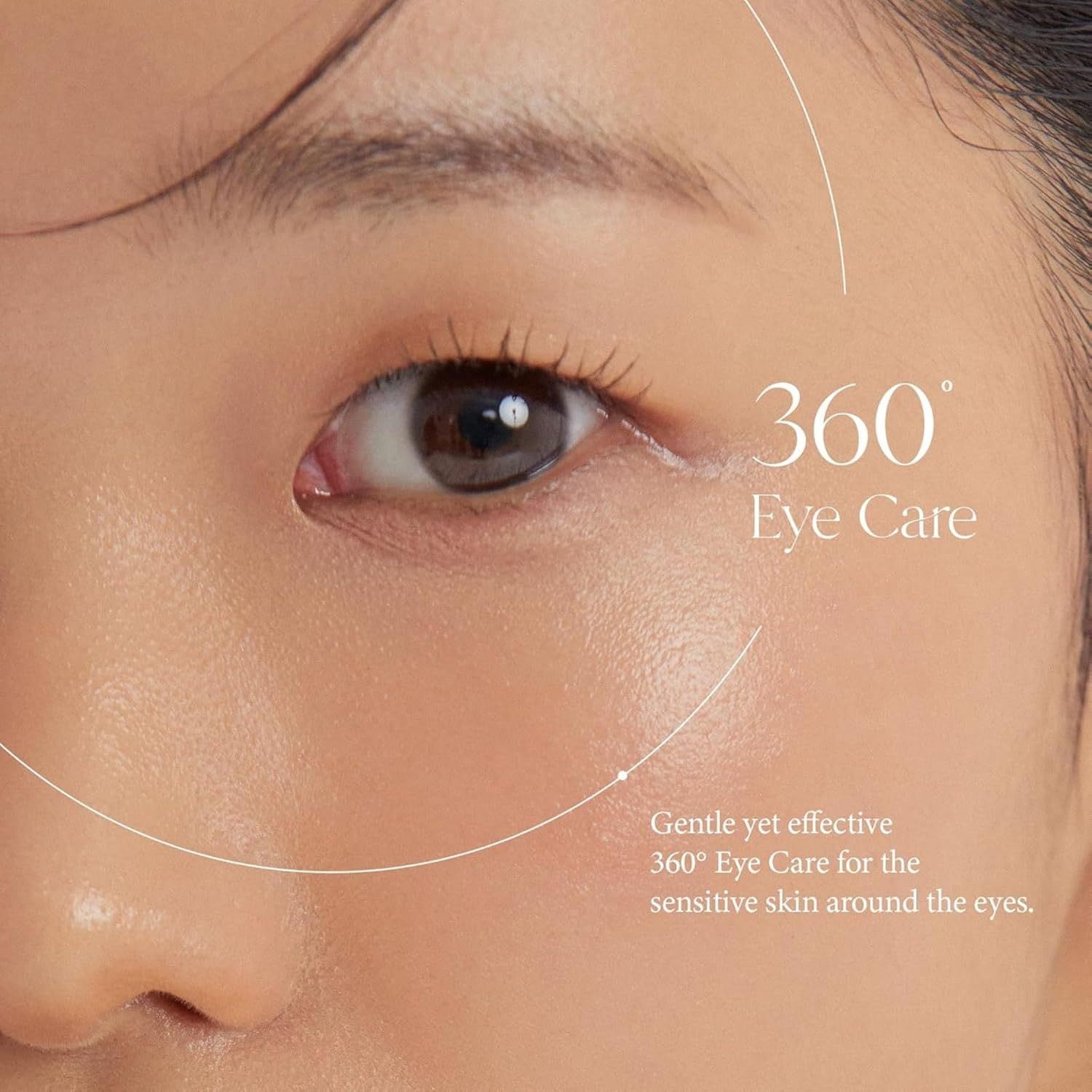 Primo piano di un occhio. Testo: 360° Eye Care. Cura delicata per la pelle sensibile intorno agli occhi.