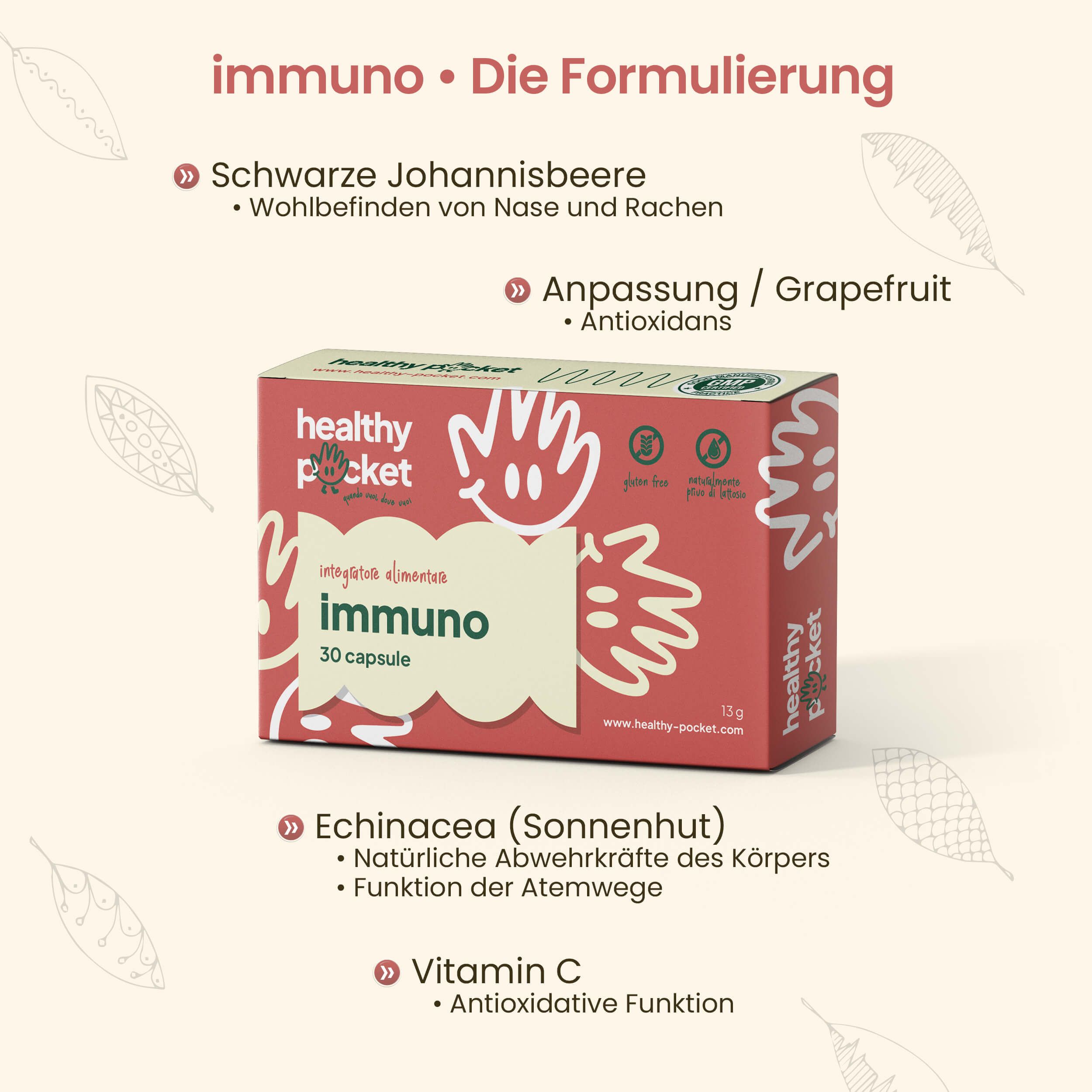 Confezione Immuno con descrizione della formulazione: ribes nero, echinacea, vitamina C.