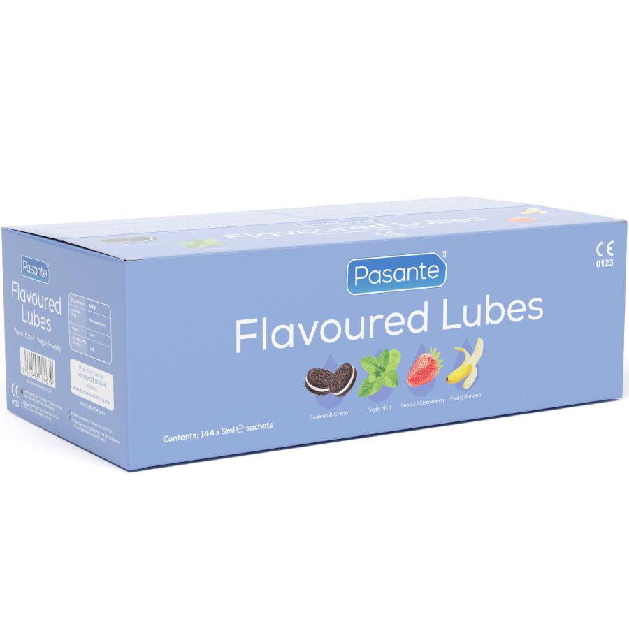 Confezione grande Pasante Flavoured Lubes con illustrazioni di biscotto, menta, fragola e banana.