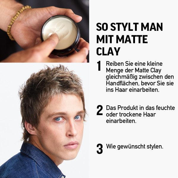 Uomo con prodotto in mano. Testo: "SO STYLT MAN MIT MATTE CLAY". Istruzioni: 1. Strofinare. 2. Applicare. 3. Acconciare.