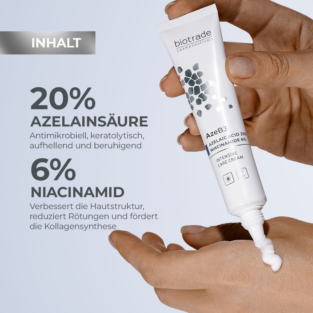 Tubo bianco, prodotto spremuto. Testo: AzeB3 Crema intensiva. Contiene acido azelaico e niacinamide. Marchio: Biotrade.