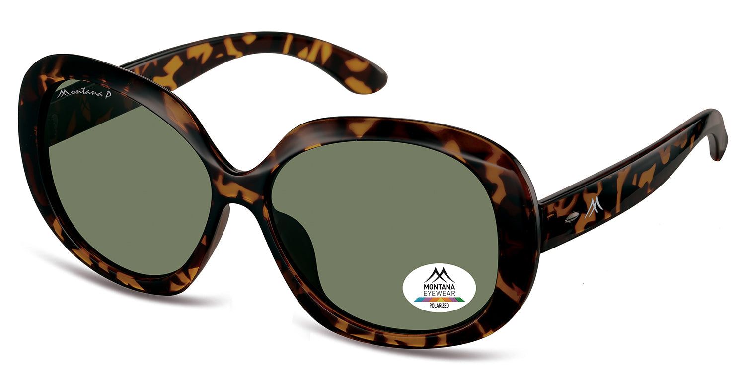 Occhiali da sole con montatura marrone e lenti verdi. Logo Montana Eyewear sull'asta e sulla lente. Polarizzati.