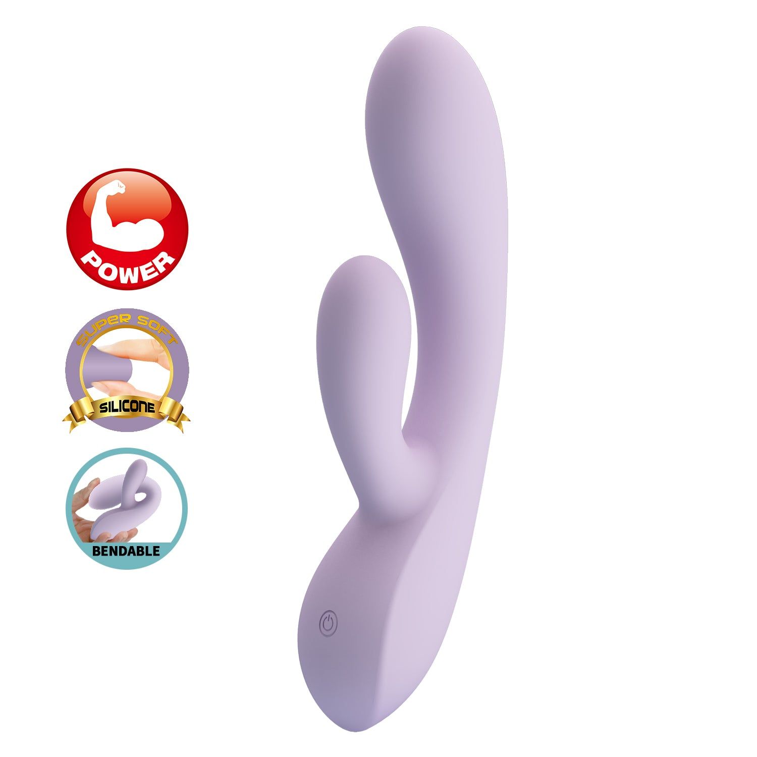 Vibratore lilla a due estremità. Loghi indicano potenza, silicone ecologico e flessibilità.