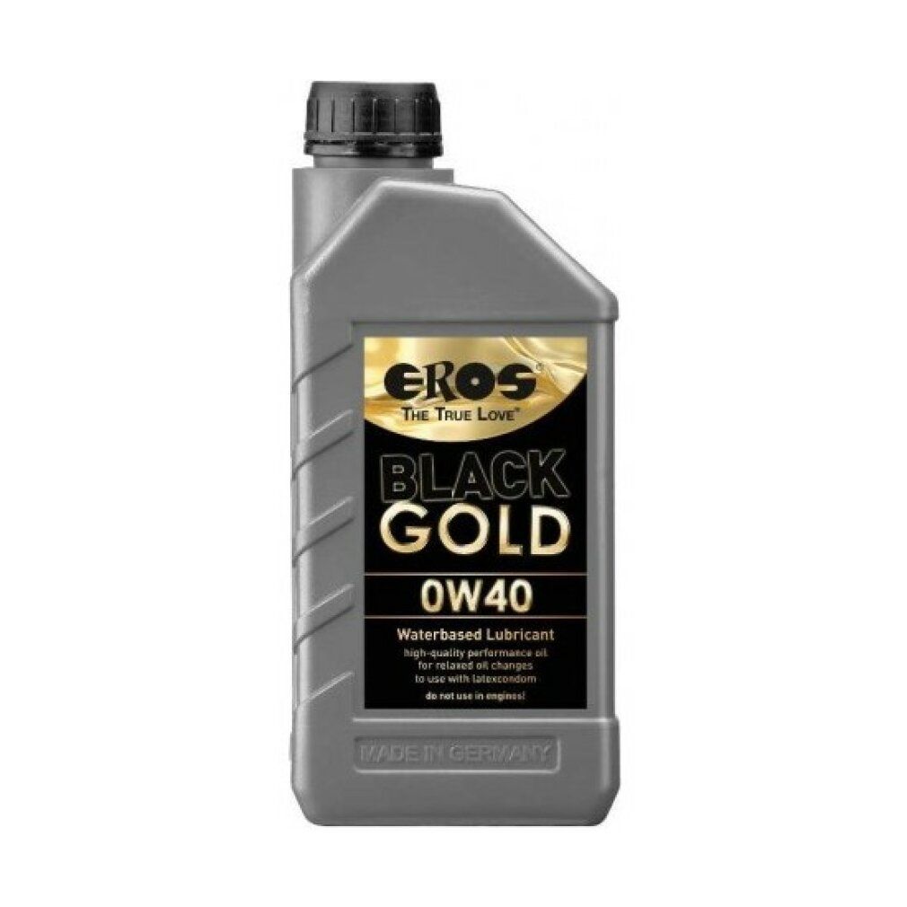 Flacone grigio con etichetta nera. Scritta: EROS, BLACK GOLD, 0W40. Lubrificante a base d'acqua. Prodotto in Germania.