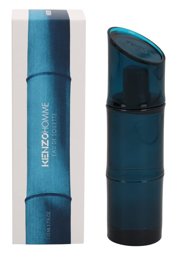 Flacone e confezione turchese. Design a bambù. Testo: Kenzo Homme Eau de Toilette. 110 ml.