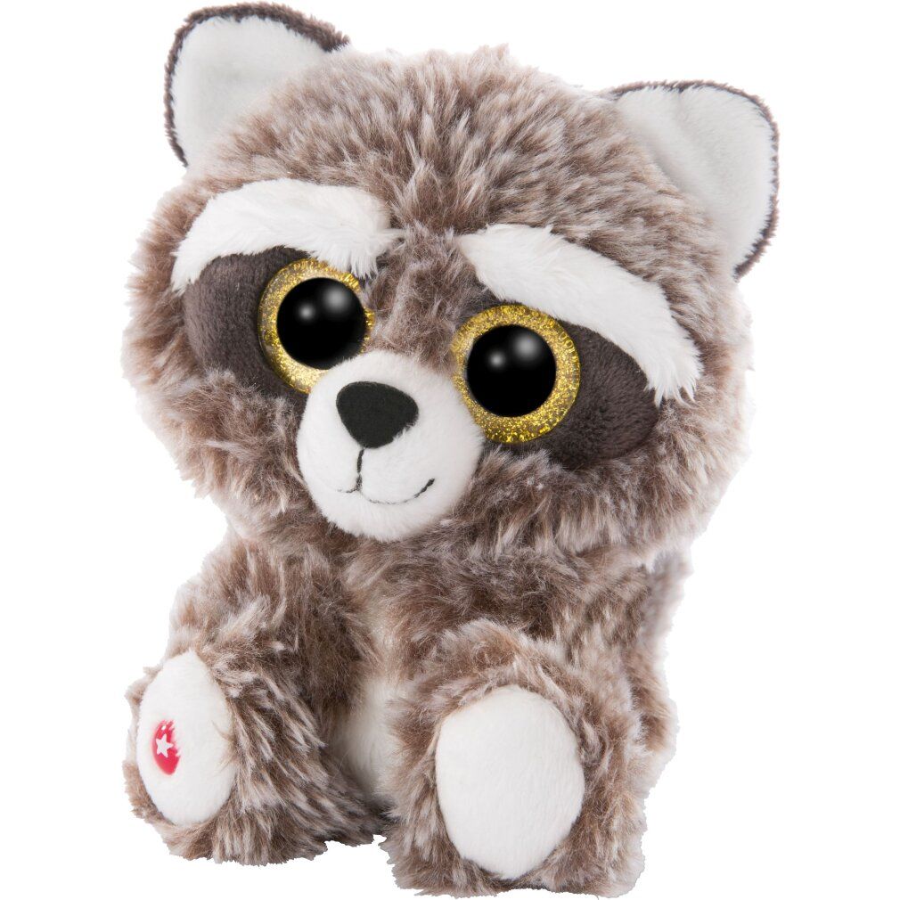 Peluche procione, marrone-bianco, occhi dorati, stella rossa sul piede. 15 cm.
