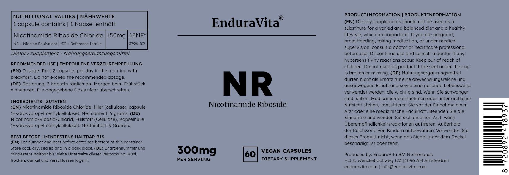 Etichetta con informazioni sul prodotto. Contiene ingredienti, dosaggio e produttore. Capsule vegane, 300mg per porzione.