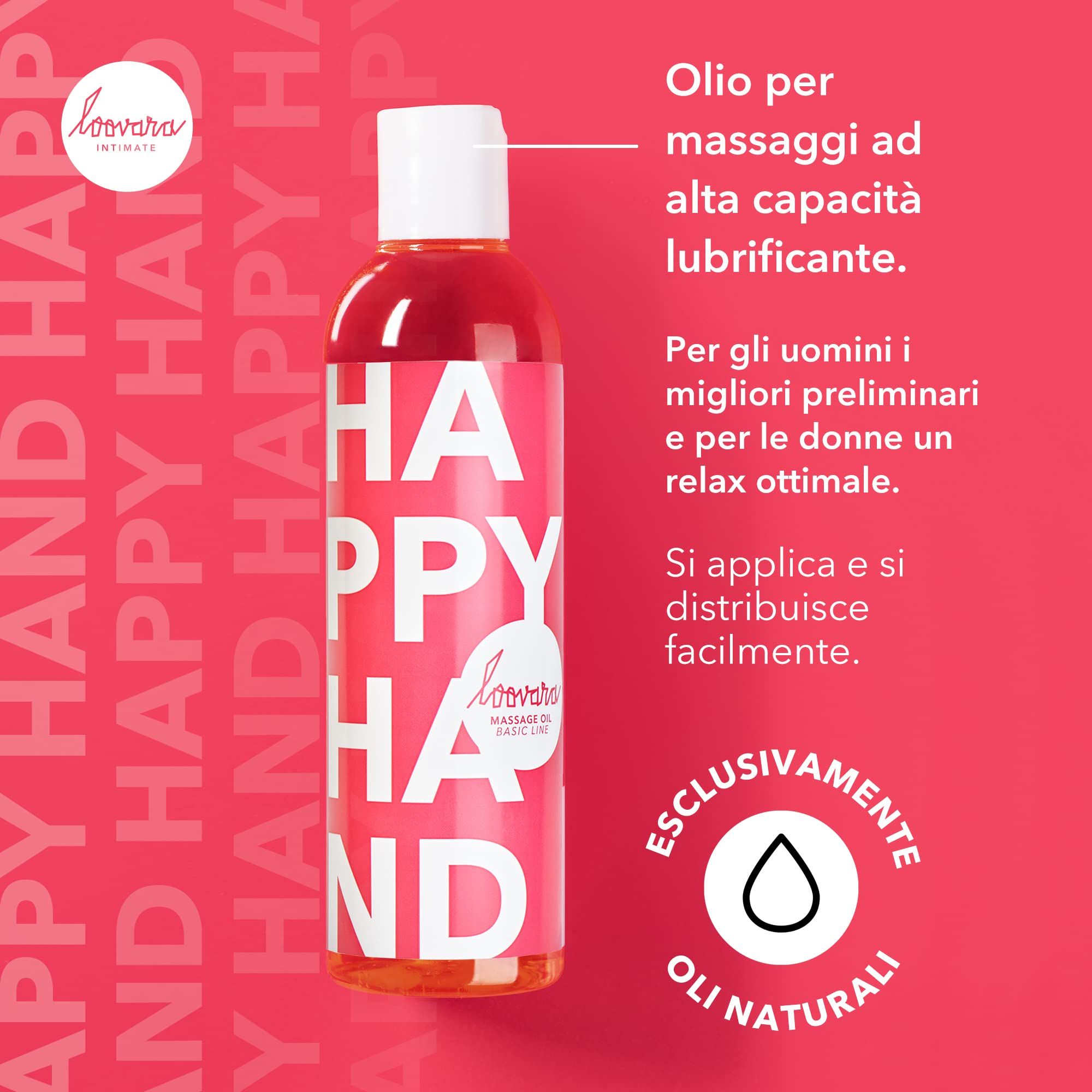 Flacone olio massaggio Loovara Happy Hand con scritta 'HAPPY HAND'.