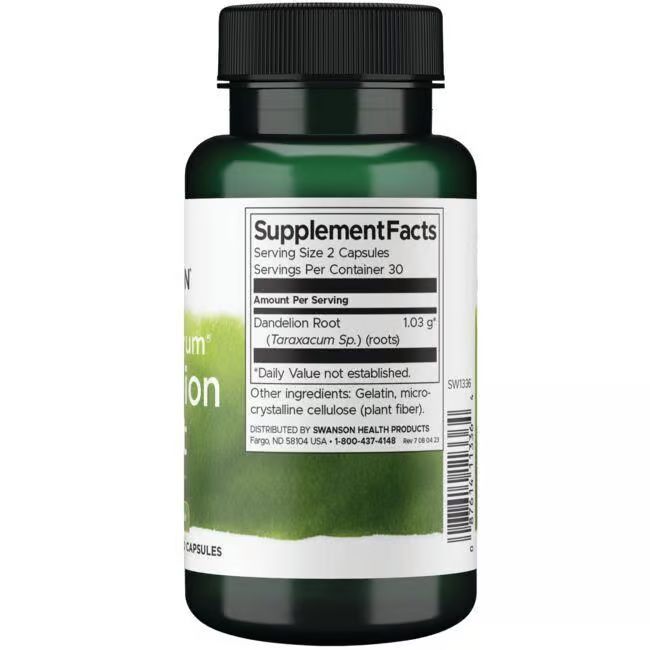 Retro del flacone verde. Scritta: Supplement Facts, Radice di tarassaco, 1,03 g, ingredienti, Swanson Health Products.