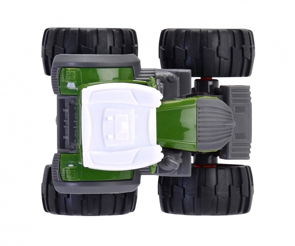 Vista dall'alto di un trattore giocattolo verde con pneumatici neri e cerchi rossi. Tetto bianco. Su sfondo bianco.