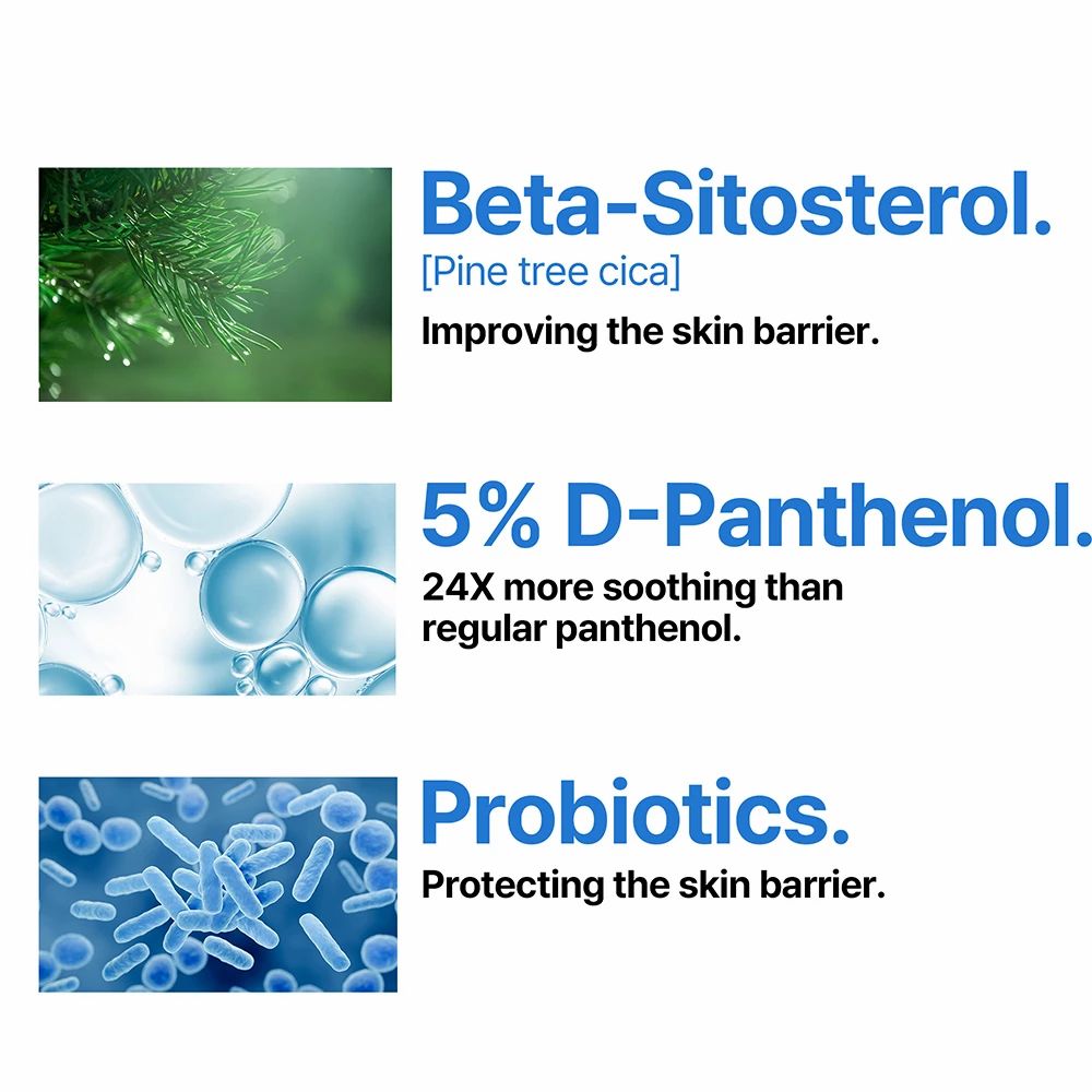 Tre immagini mostrano ingredienti: Beta-Sitosterolo, 5% D-Pantenolo e Probiotici. Il testo descrive i benefici per la pelle.