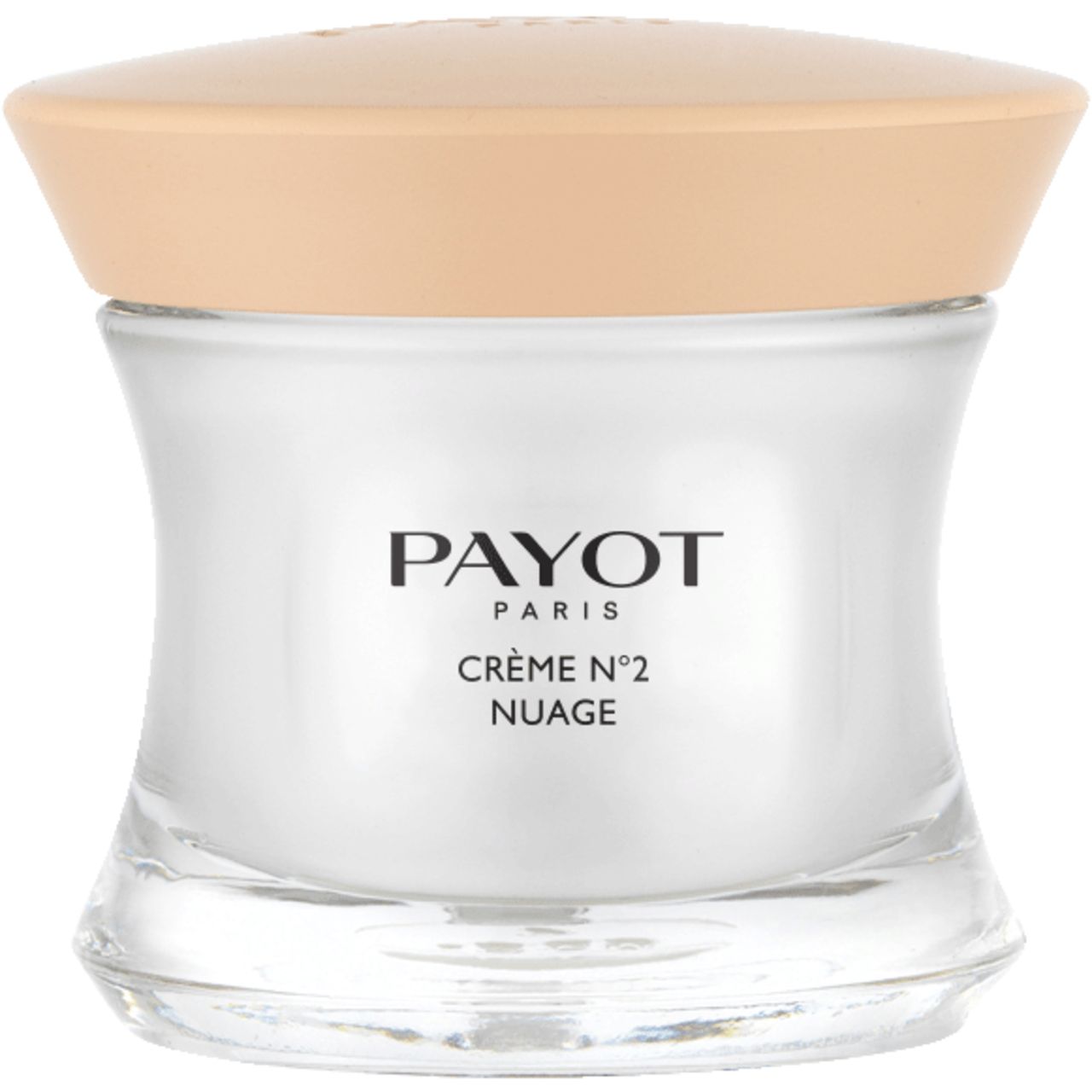 Vaso di crema con coperchio beige. Scritta: PAYOT PARIS, Crème N°2, Nuage.