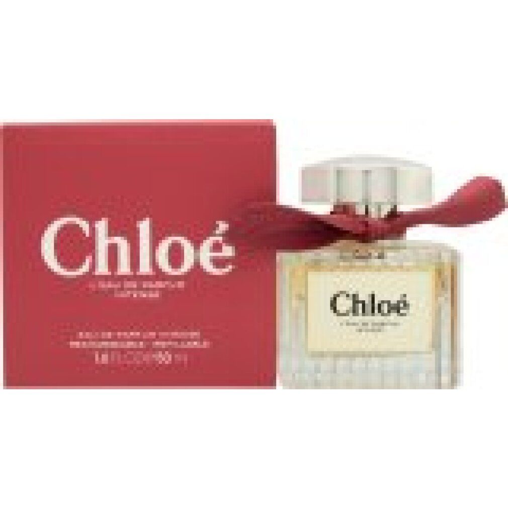 Flacone Chloé L'Eau de Parfum Intense accanto a una scatola regalo rossa, 50ml.
