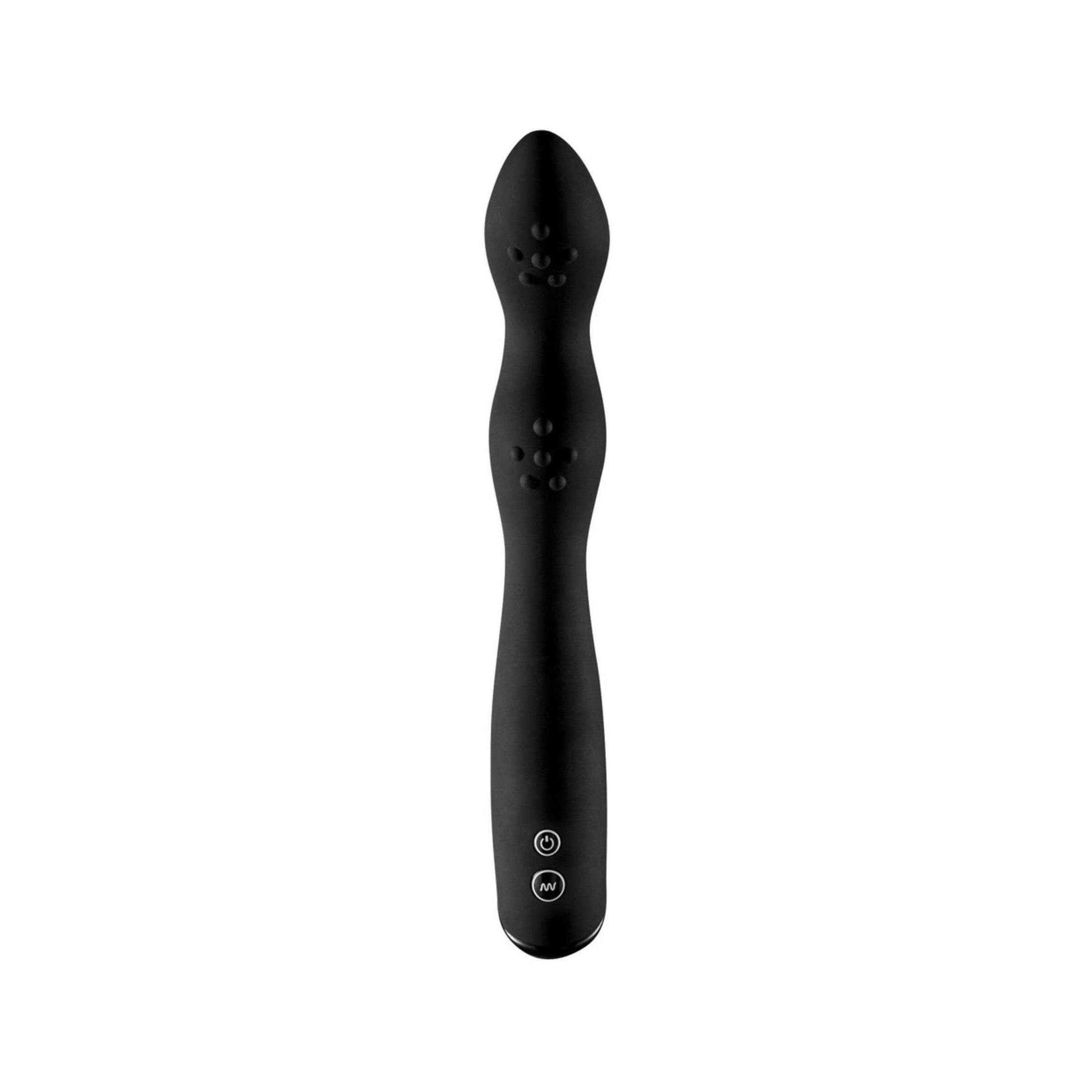 Vibratore nero allungato con pulsanti alla base. Superficie con piccoli rilievi.