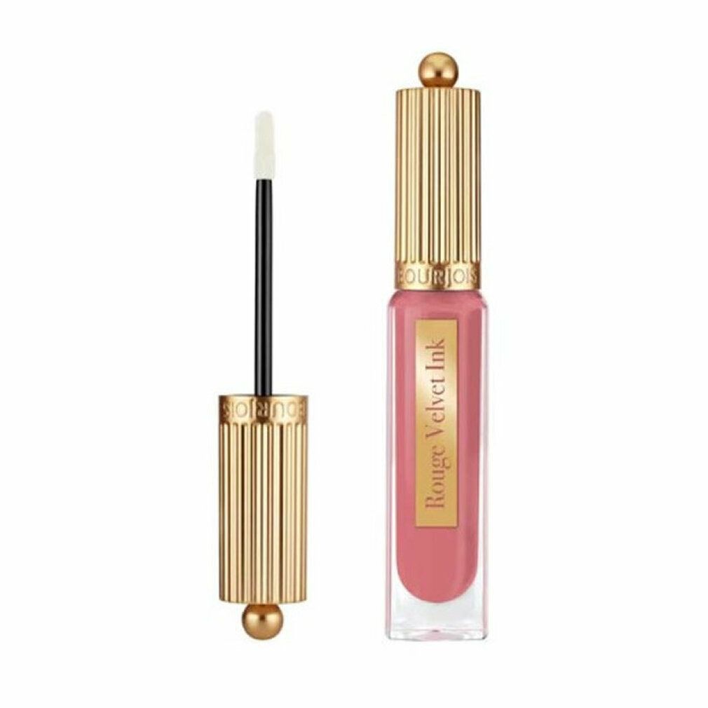 Rossetto con tappo dorato e applicatore. Nome prodotto: Rouge Velvet Ink. Colore: Rose Me Tender. Applicatore estratto.