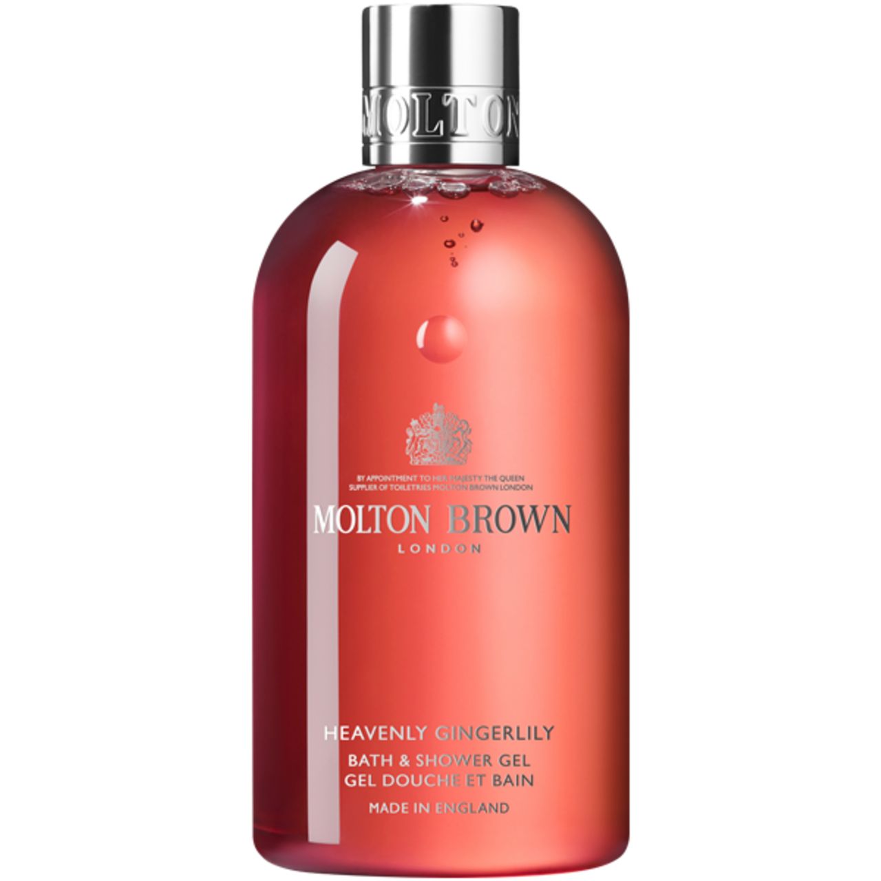 Flacone rotondo di gel doccia. Scritta: Molton Brown London, Heavenly Gingerlily. Liquido trasparente.
