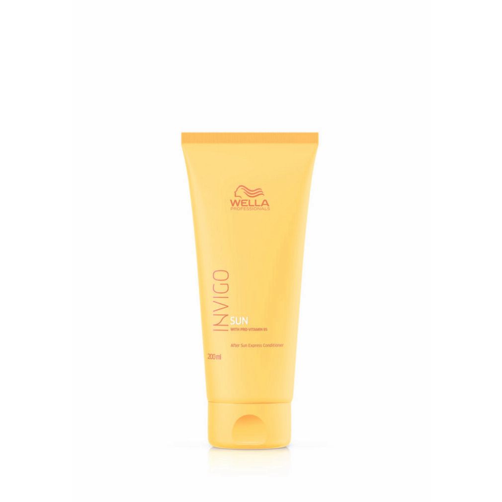 Tubo giallo di Wella Invigo Sun Conditioner. Nome del prodotto, testo e logo visibili. 200ml.