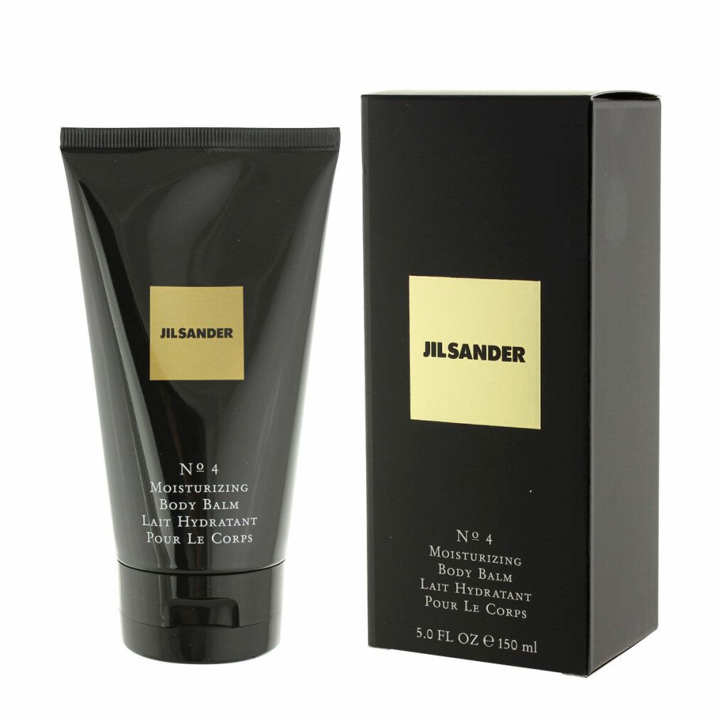 Tubo e scatola neri. Etichetta dorata. Scritta: Jil Sander, No. 4, Moisturizing Body Balm. Chiusura nera.