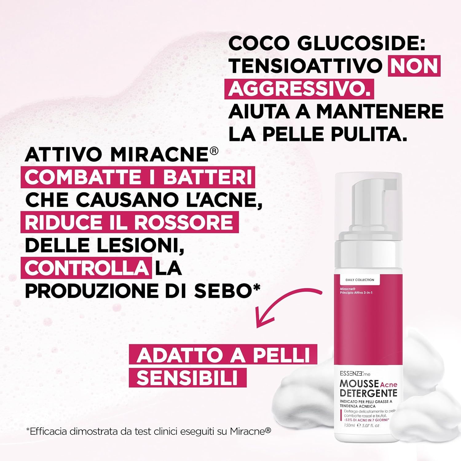 Essenze.me Mousse Detergente Viso Anti Acne per Pelle Grassa, Mista, a Tendenza Acneica - 150 ml