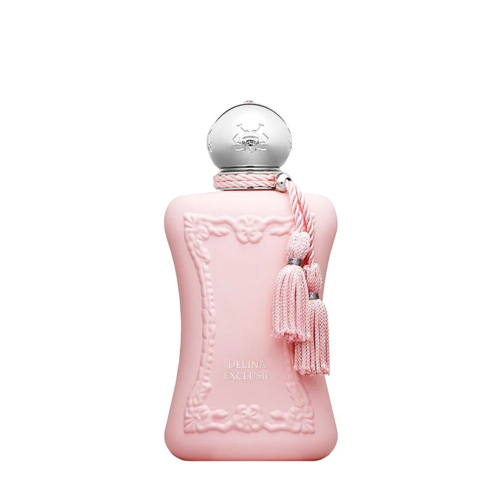 Flacone di profumo rosa cipria con motivo in rilievo, tappo argentato e nappe.