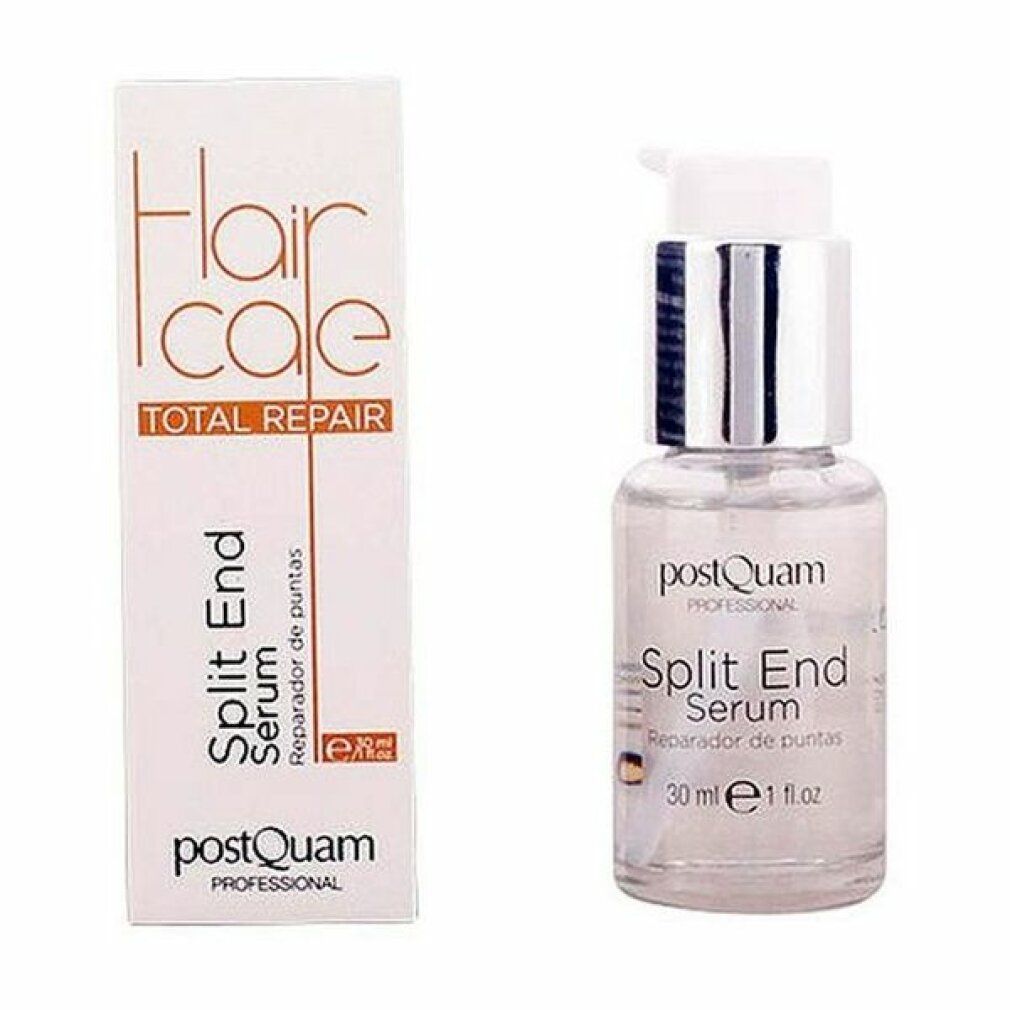 Flacone di siero e confezione. Scritta: Hair Care Total Repair, Split End Serum. Marchio: Postquam. Flacone con dosatore a pompa.