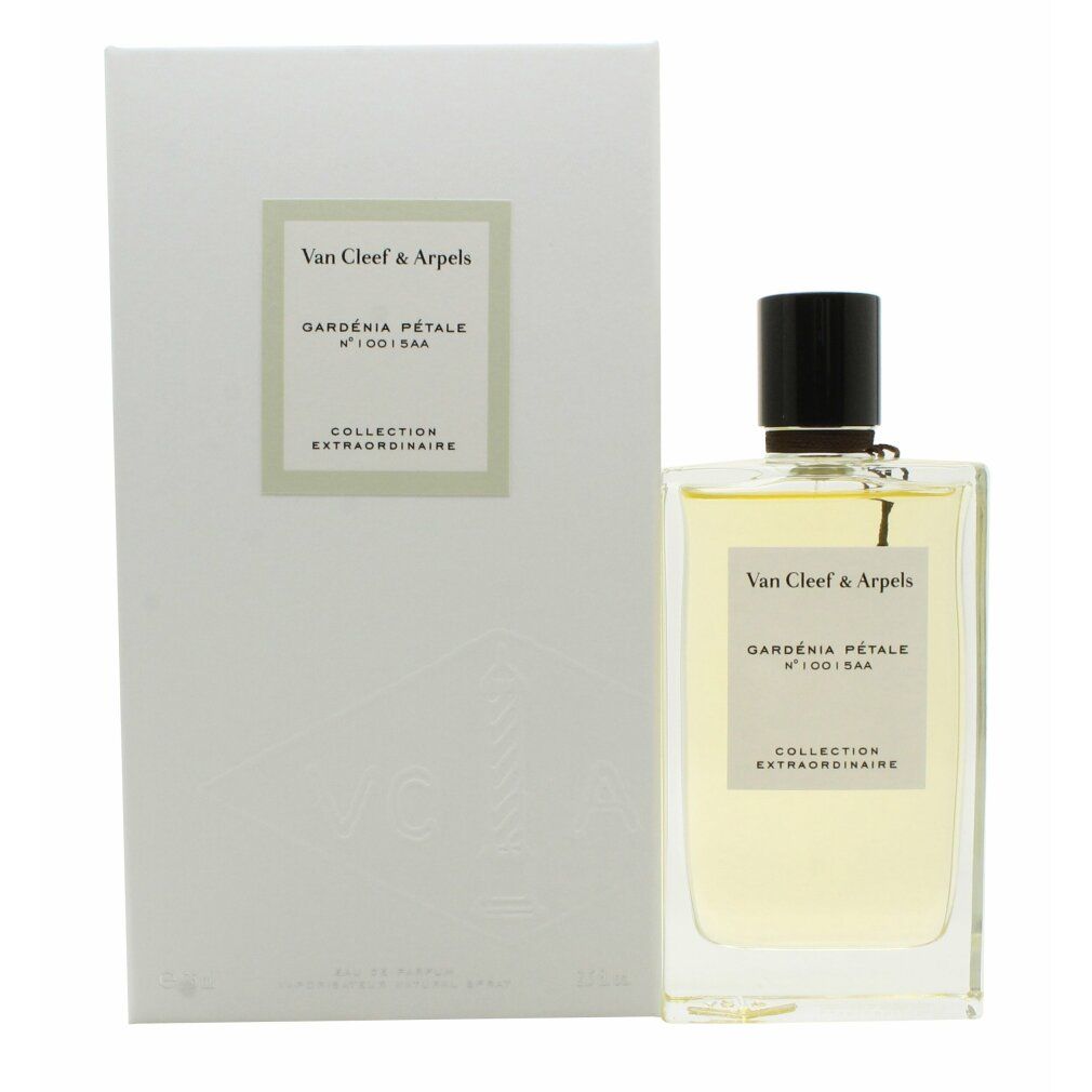 Flacone di profumo e confezione. Flacone rettangolare, trasparente, tappo nero. Confezione bianca. Testo: Van Cleef & Arpels, Gardenia Pétale.