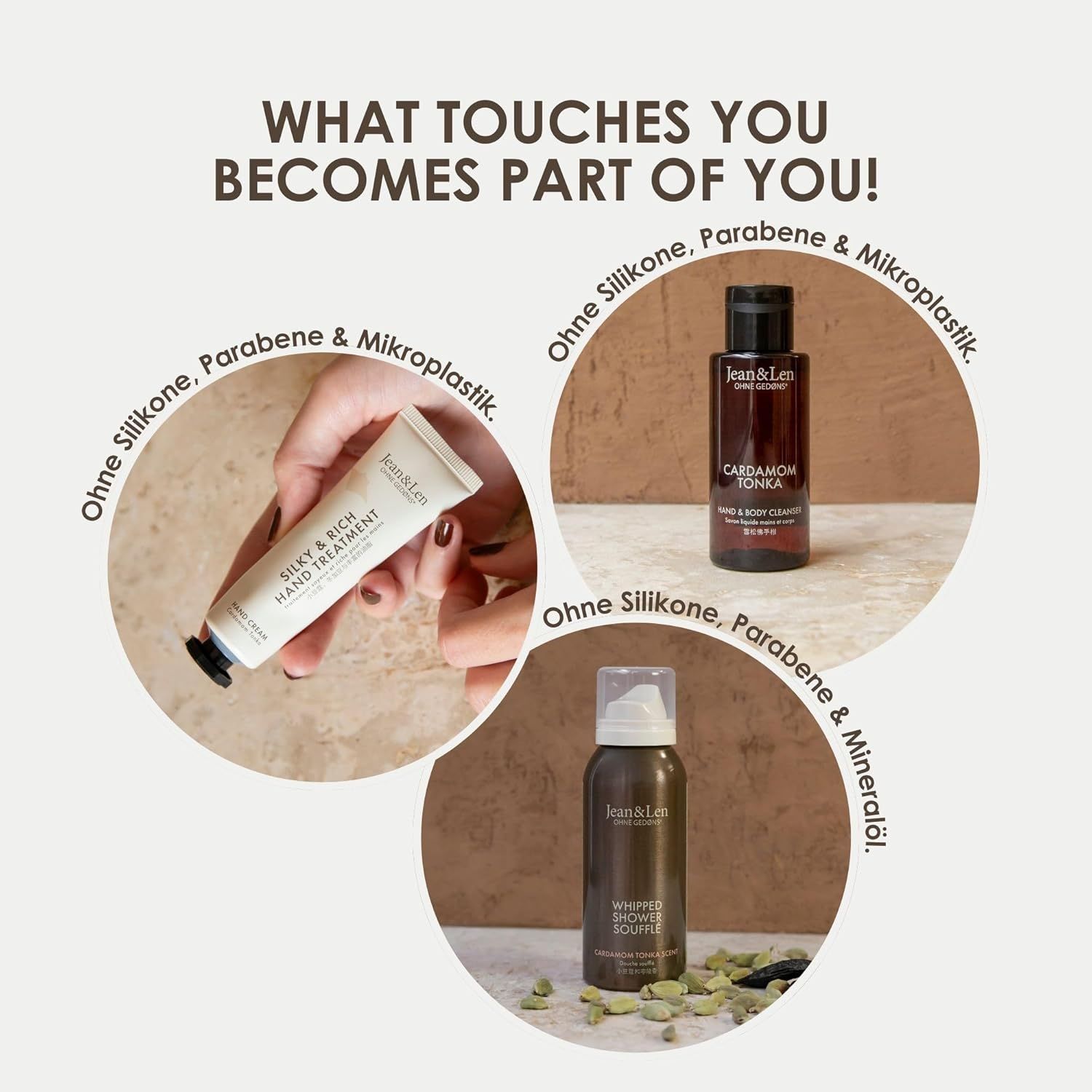 Tre prodotti: crema mani, detergente mani e corpo e schiuma doccia. Testo: "Senza siliconi, parabeni e microplastiche".