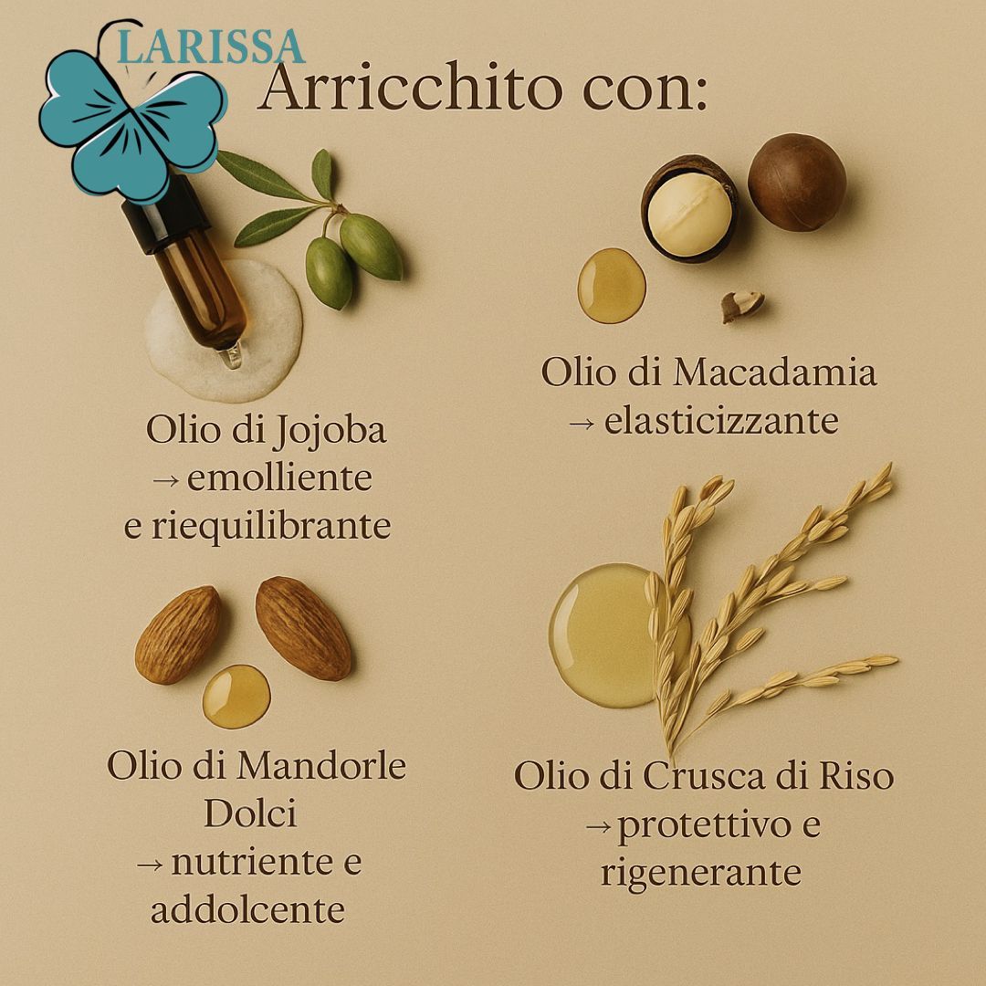 Illustrazione di oli e ingredienti. Testo: Olio di Jojoba, Olio di Macadamia, Olio di Mandorle Dolci, Olio di Crusca di Riso.