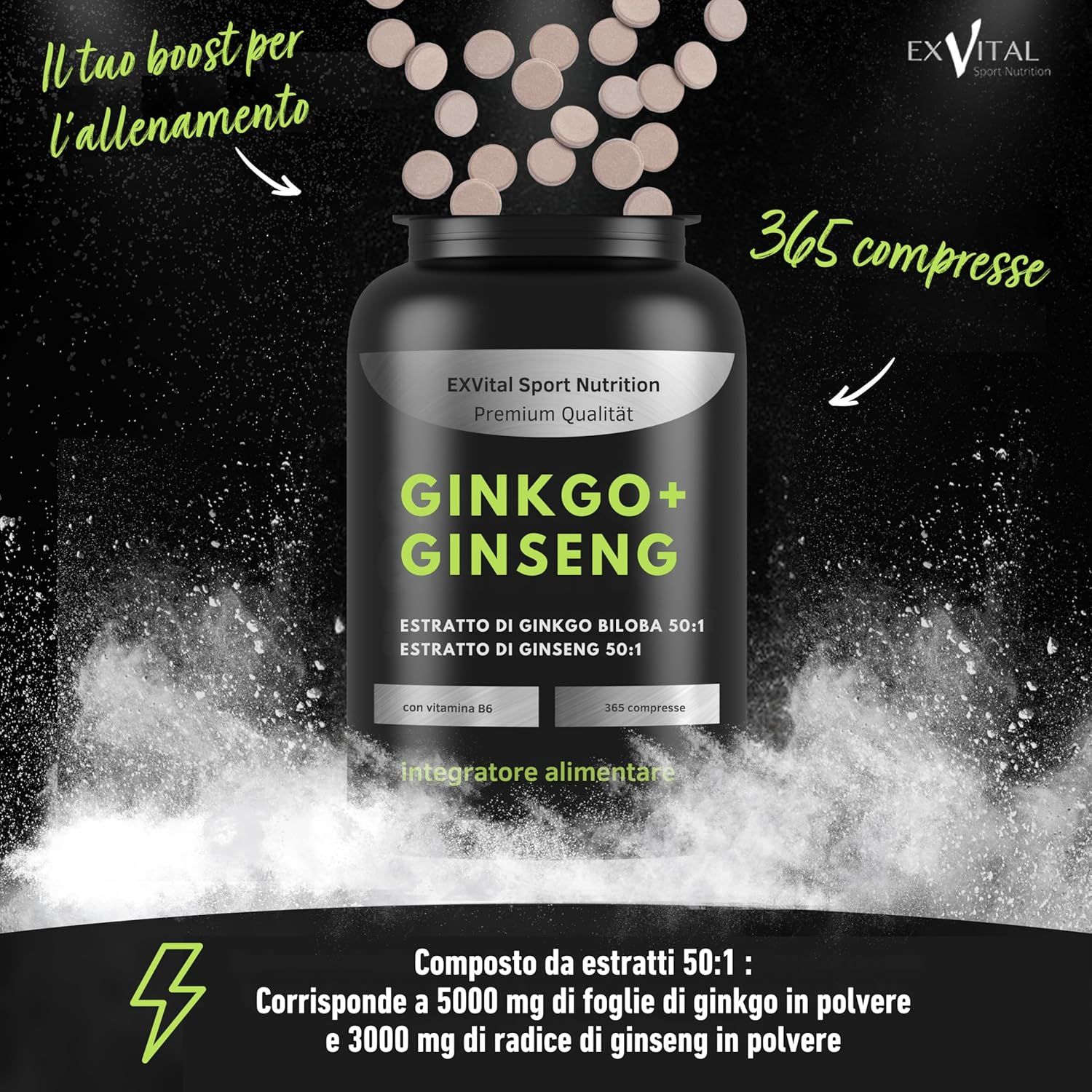 Flacone EXVital Ginkgo + Ginseng con pioggia di compresse. 365 compresse per confezione. "Il tuo boost per l'allenamento".
