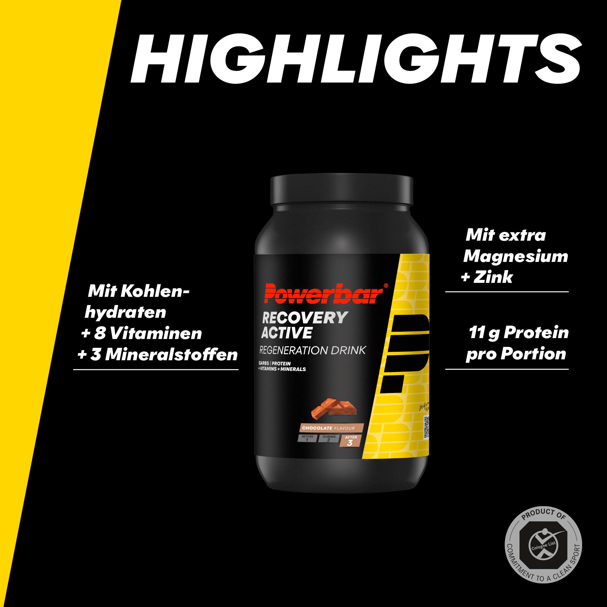 PowerBar Recovery Active Bevanda rigenerante, gusto cioccolato. Barattolo con informazioni su vitamine e minerali.
