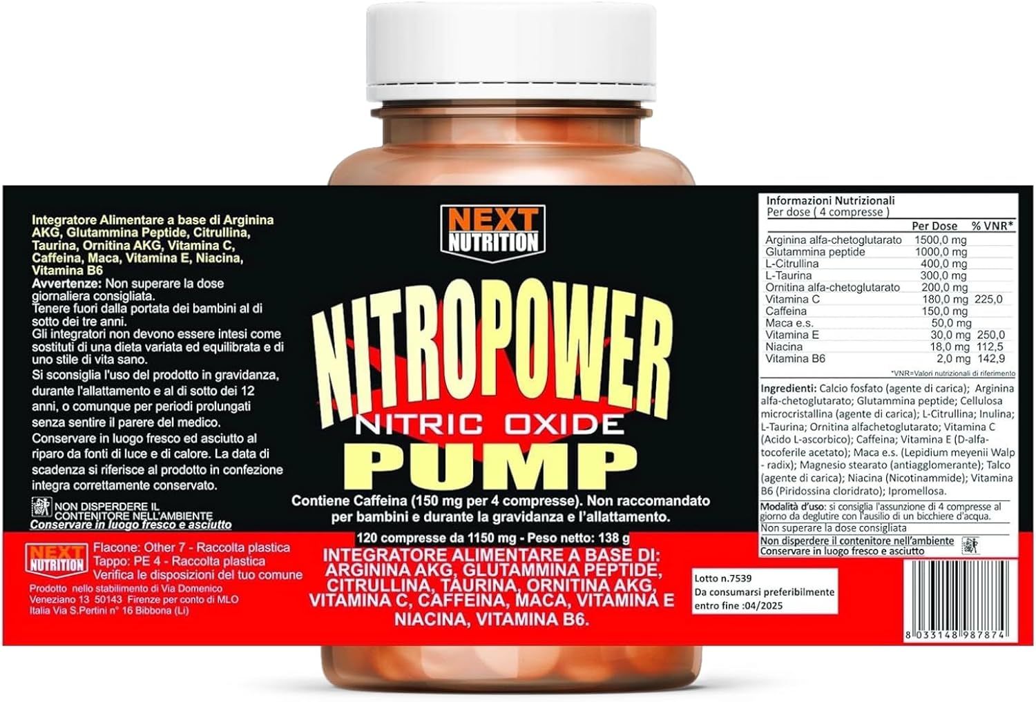 Etichetta su flacone marrone. Testo: Nitro Power Pump, 120 compresse. Ingredienti: Arginina AKG, Peptide di glutammina, Citrullina, Taurina.