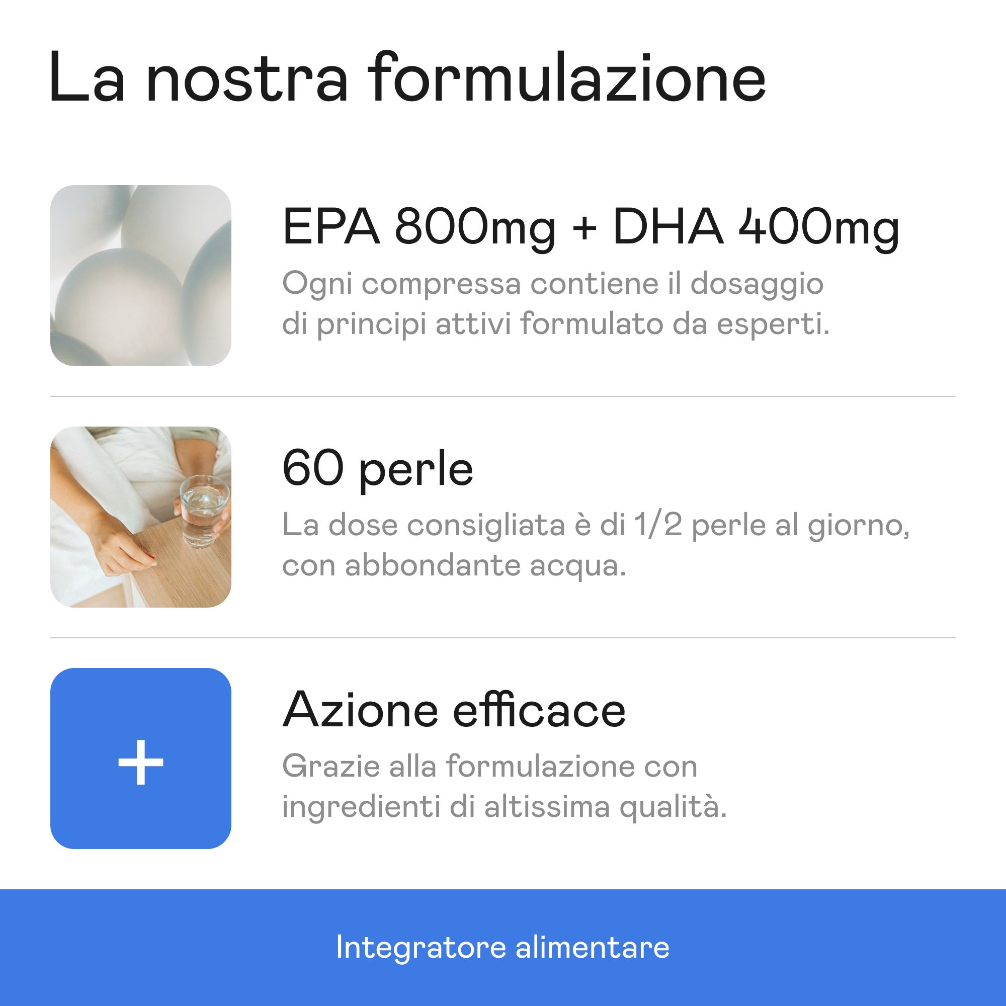 Aenea Omega 3 + Vitamina E. Flacone bianco con testo blu. Testo: EPA 800mg + DHA 400mg, 60 perle. Integratore alimentare.