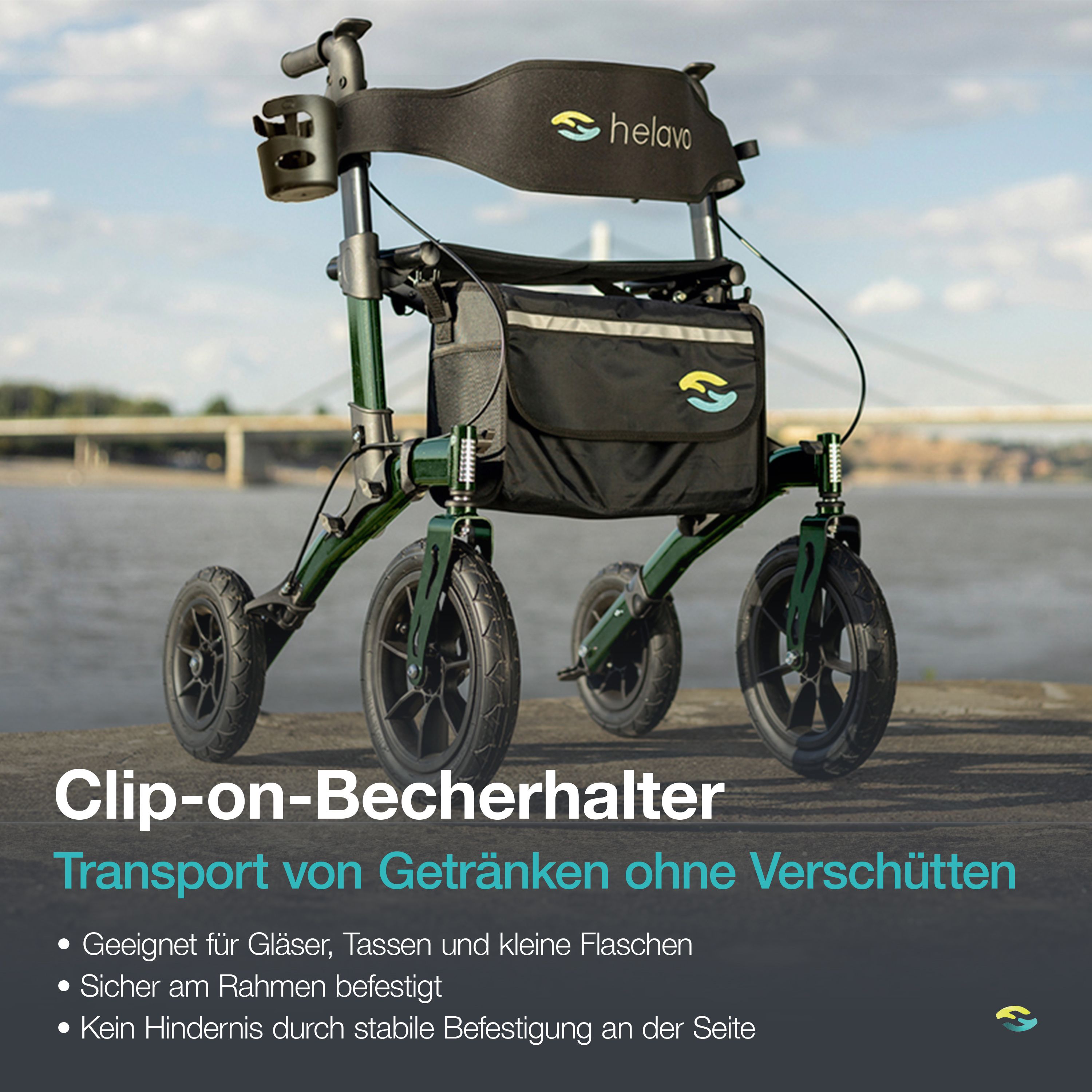 Rollator verde con portabicchieri a clip sul telaio. Adatto per bicchieri, tazze e bottiglie piccole.