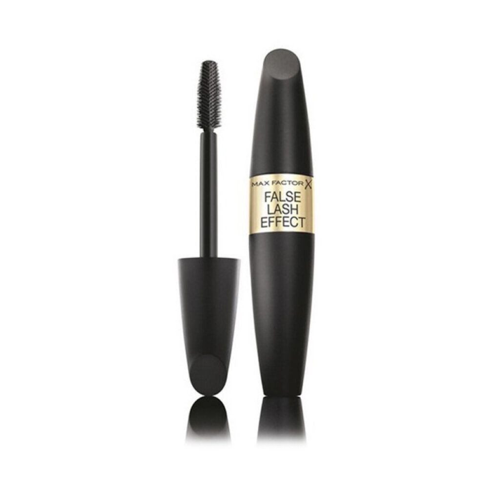 Flacone di mascara nero con etichetta dorata. Testo: FALSE LASH EFFECT. Spazzola accanto.