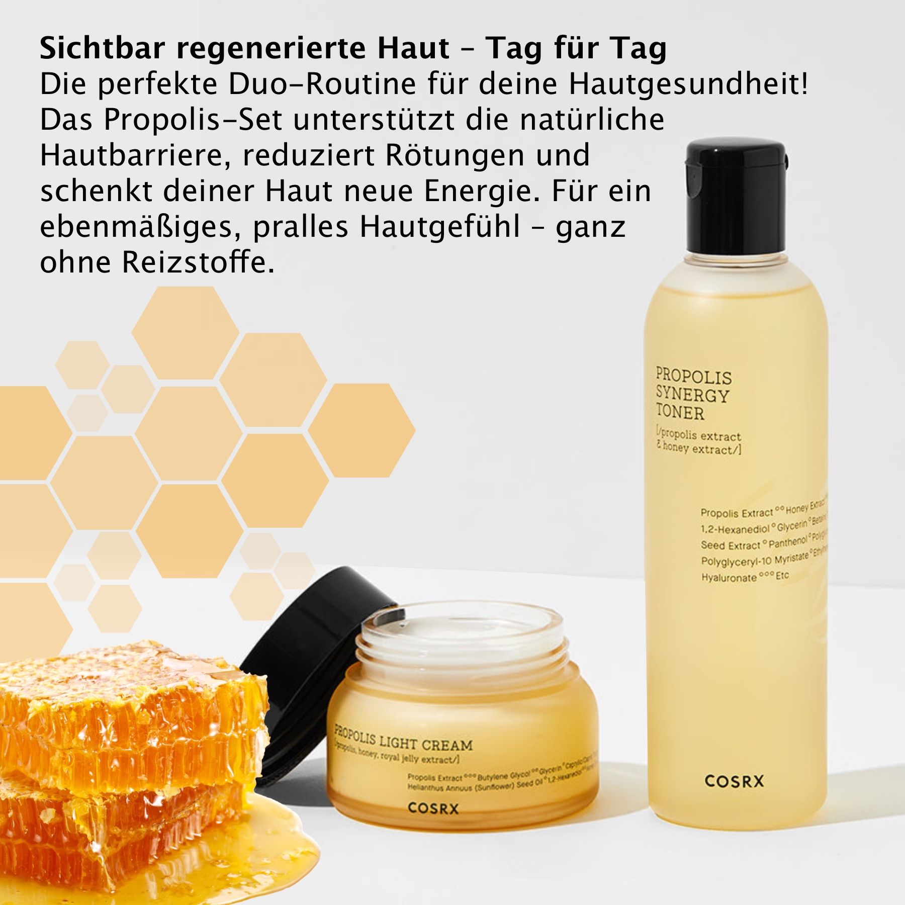Flacone di tonico, vasetto di crema e favi. Scritta: Propolis Synergy Toner e Propolis Light Cream. Marchio: Cosrx. Testo: Routine duo.