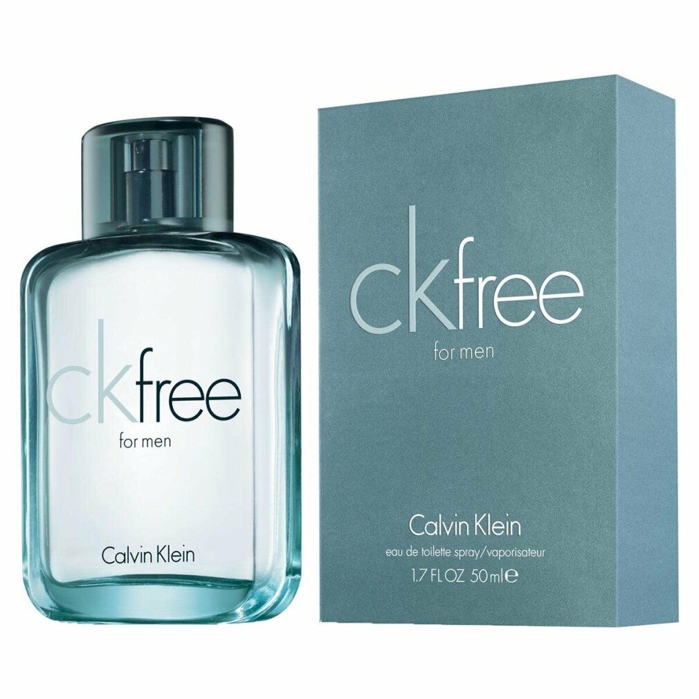 Flacone e scatola di Calvin Klein ck free for men. Flacone quadrato, vetro azzurro. Scatola azzurra con logo.