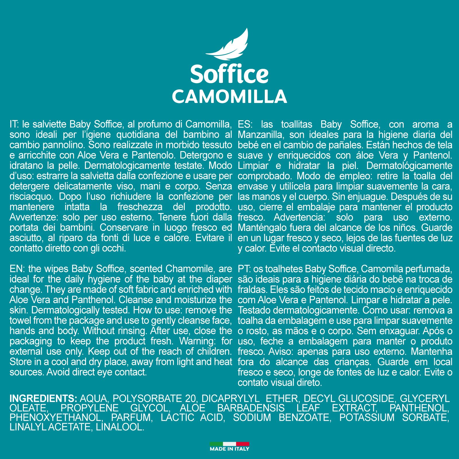 Testo in italiano, inglese, spagnolo e portoghese. Descrive le salviette per bambini Soffice Camomilla e il loro utilizzo.