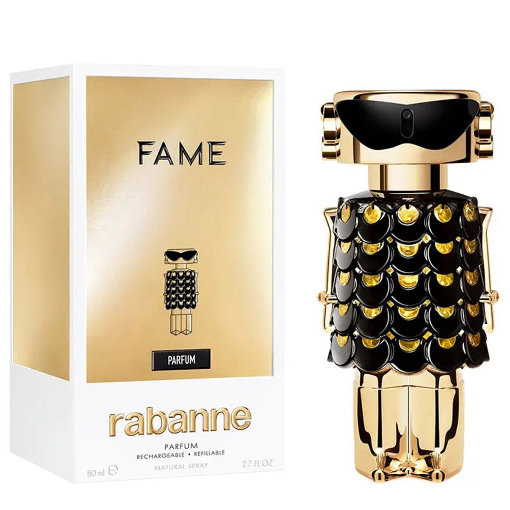 Flacone dorato con dettagli neri e confezione. Scritta "FAME PARFUM" e "rabanne".
